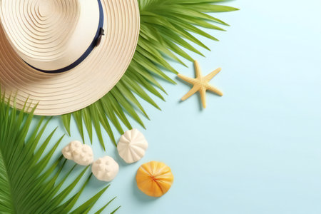 Straw hat, seashells and palm leaves on color backgroundの素材