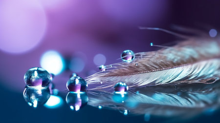 Feather and water drops close-up with bokeh backgroundの素材