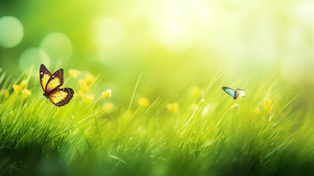 Butterfly on green grass with yellow daffodils.の素材