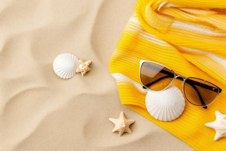 sunglasses, seashells and scarf on sandの素材