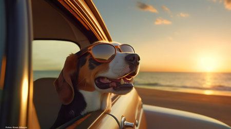 Beagle dog with sunglasses in a car on the beach at sunsetの素材