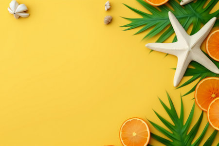 Summer background with palm leaves, starfish and oranges on yellow backgroundの素材