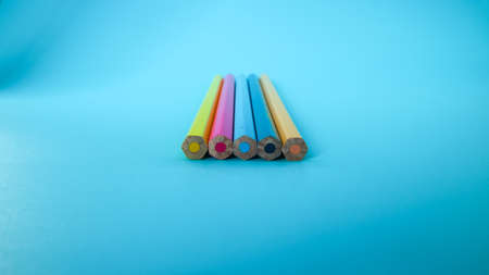 An image of set of color pencils on blue background with copy spaceの写真素材