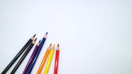 High Angle View multi colored pencils with copy space.