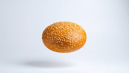 Bun with sesame seeds on a white background. Close-up.の素材