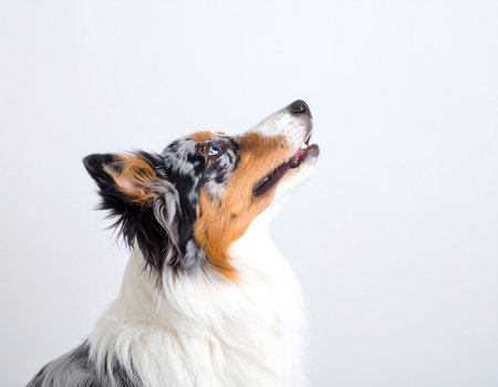 Studio portrait of a happy canine letting out a bark or playful howl, exuding life and motion on a simple white backgroundの素材