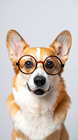 Studio photo of a cute corgi dog in big round spectacles, posed calmly with a clean white backgroundの素材