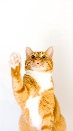This bright and fluffy orange tabby kitten is seen sitting upright with one paw lifted, expressing youthful energyの素材