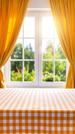 Bathed in sunlight, a cheerful window framed by vibrant yellow curtains offers a peaceful view of a flourishing garden, creating an inviting and tranquil atmosphere.の素材