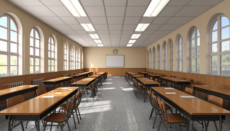 Sunlit classroom with rows of desks and chairs, bathed in natural light from elegant arched windows, inspiring focus and academic pursuit.の素材