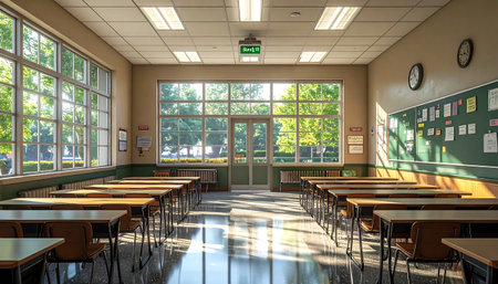 Sun-drenched classroom offers a serene, inspiring space for learning and growth. Ideal for educational materials, campus promotions, and back-to-school campaigns.の素材