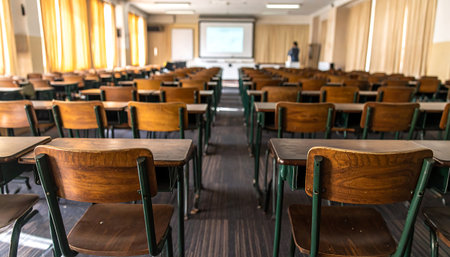 Warm, inviting classroom ready for students. Visualize learning, growth, and the potential of education in this inspiring space. Perfect for back-to-school campaigns.の素材