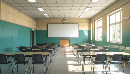 Inviting empty classroom bathed in light, ideal for back-to-school, education concepts, or a peaceful study environment. Ready for students and learning initiatives.の素材