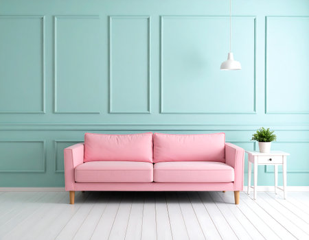 Trendy pink sofa pops against a modern mint wall. A stylish and inviting living space, perfect for home decor inspiration and creating a serene atmosphere.の素材