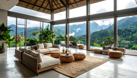 Bask in luxury living with breathtaking mountain views. Modern interior design and abundant natural light create a serene retreat for relaxation and inspiration.の素材