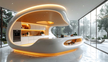 Experience the future of home design with this stunning kitchen. Its unique island and bright, open space create an inviting, luxurious atmosphere perfect for modern living.の素材