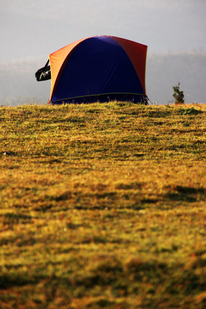 Camping Tent on Mountainの写真素材