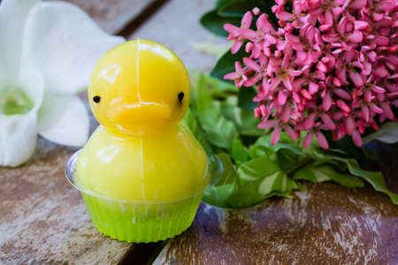 cute duck jelly dessert with flower backgroundの写真素材
