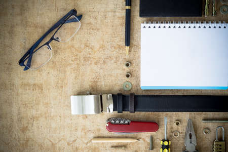 Man's accessories Top view with copy spaceの写真素材