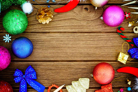 Greeting, Christmas decoration on wooden Background with copy space for your textの写真素材