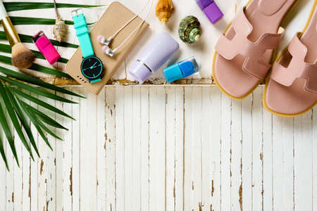 Travel and vacation background with items over wooden table. Top view with copy spaceの写真素材