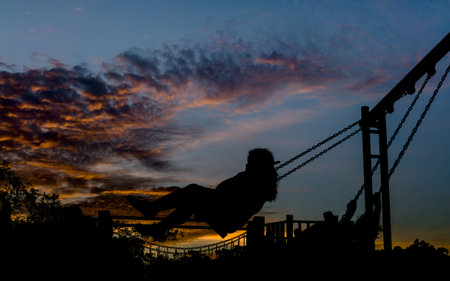 Black silhouette of children flying high with fun on swing in the playground on twilight sunset sky background.の写真素材