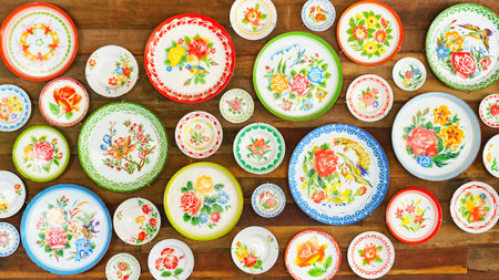Colorful asian style plates on wooden wall texture background, idea for home decoration