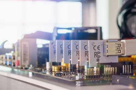 Cryptocurrency background (mining rig), Close up of PCI-E riser card plug to motherboard for mining rig machine to mine for digital cryptocurrency such as bitcoin, ethereum and other altcoins.の写真素材