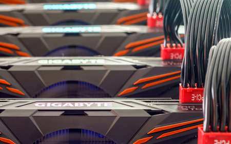 Bangkok, Thailand - August 30, 2017: Gigabyte GPU for Cryptocurrency mining Graphics Cards. Cryptocurrency mining rig using graphic cards to mine for digital cryptocurrency such as bitcoin, ethereum and other altcoins.のeditorial素材