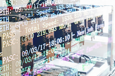 Screen display of cryptocurrency mining (Dual mining Ethereum or Ethash and Pascal cryptocurrency mining) with Miner Rig Backgroundの写真素材