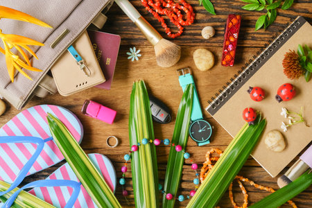 Traveling background concept - flat lay of set travel planning for trip with many accessories on wood,top viewの写真素材