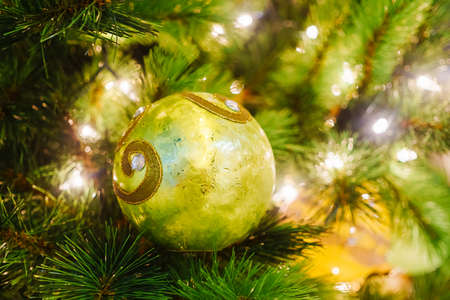 Close up of Christmas ball on a Christmas tree branchの写真素材