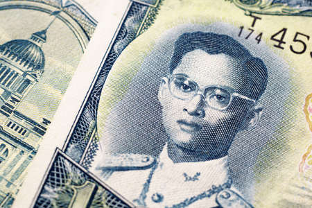 King of Thailand, King Bhumipol on vintage thailand banknotes one bathの写真素材