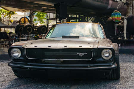 Bangkok, Thailand, March 16, 2018: Old classic retro auto grunge Ford Mustang display at Chang-chui street market, Bangkok, Thailandのeditorial素材