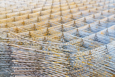 iron mesh or wire mesh texture background for backdrop or wallpaper, wire mesh or iron mesh use for reinforce concrete in construction siteの写真素材