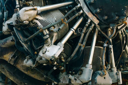 close up of detailed old jet aircraft engine with rustry and grunge for vintage retro airplane engine backgroundの写真素材