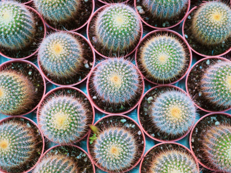 Beautiful green nature pattern texture of small cactus plant in flower pots. Still life overhead...