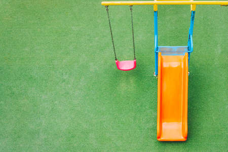 Colorful children playground in public park wallpaper background, Top view with copy spaceの写真素材