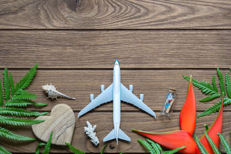 Vacation travel summer tropical Island weekend adventure trip background concept top view with copy space. Miniature toy plane with tropical flower, sea shells and ferns on wooden background.の写真素材
