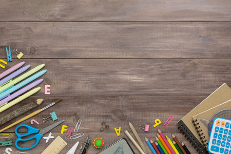 Top view back to school concept and education background concept. School supplies, stationery...