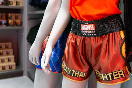 Bangkok, Thailand - August 11, 2018. - Muay Thai Figther pants (Thai Boxing pants) Marvel Experience Thailand Edition selling at at The marvel experience superstore in Bangkok Thailand.のeditorial素材