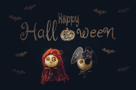 Decorative ghost toys for Halloween background with copy space