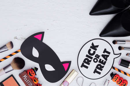 Happy Halloween Festival with female beauty accessories cosmetic fashion flat lay concept.の写真素材