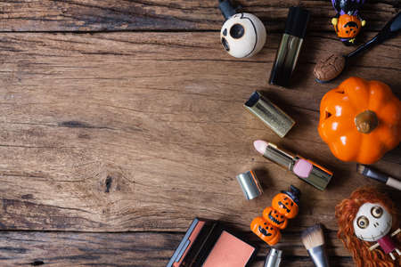 Female cosmetics sales discount in Halloween festival background concept. Flat lay top view with copy space for your text.の写真素材