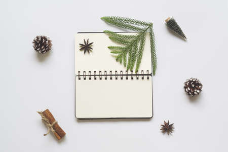 Minimal winter flat lay concept with Christmas ornaments and blank space open note book for your text. Top view with copy space.の写真素材