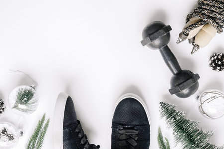 Flat lay sport shoes, dumbbell, jump rope, mini Christmas tree and Christmas balls on white table....