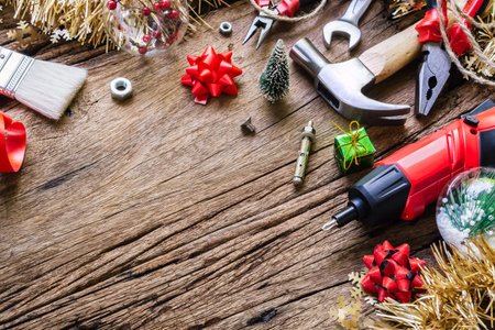 Merry Christmas and Happy New Years Handy Constrcution Tools background concept.  Handy House Fix...