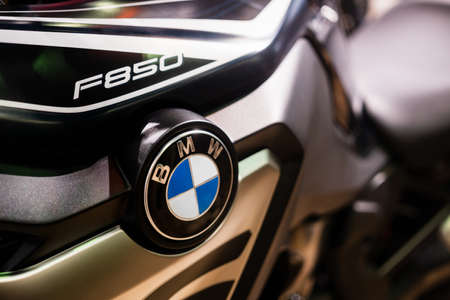 Bangkok, Thailand - December 2, 2018: Close up of a BMW logo on a BMW F850 motorcycle tank at Car Showroom in Bangkok, Thailandのeditorial素材