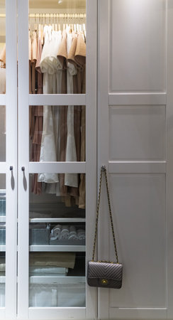 Wardrobe with stylish bag and clothes indoors. Clothes hanging on rail in white wardrobe with boxes.