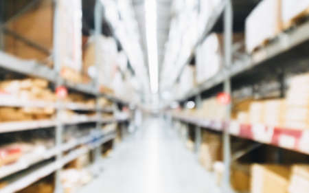 Blurred Background Image of Shelf in Warehouse or Storehouse, inventory product stock for logistic background for Shop and Store management backdrop.の写真素材
